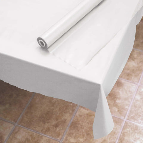 Plastic Roll Table Cover For Parties And Events Clear Protective Film Protects Surfaces From Spills And Drops Cut To Fit Any Table Length Party Ready Quick Cleanup For Gatherings, white plastic roll on table
