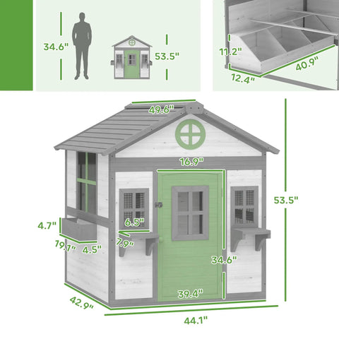 White wooden chicken coop for backyard hen house for 2 to 4 chickens with nesting box, planter pots, windows, 50x44x54 inches