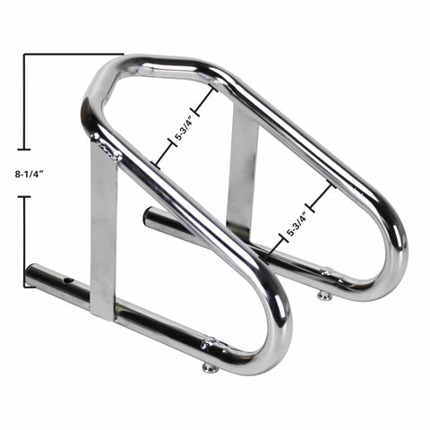 Deluxe Chrome Motorcycle Wheel Chock For Tires Up To 5.5 Inches Wide With Fixed Brackets And Tool Free Removal Mount Heavy Duty Stand