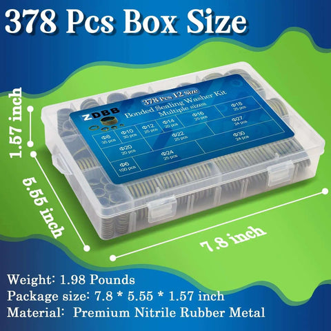 Box of Bonded Sealing Washer Kit 378 Pcs with 12 Sizes Self Centering Automotive AC Seal for DIY Engine Work, size 7.8 x 5.55 x 1.57 inches