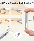 Quad Prong Piercing Ball Grabber Tool with stainless steel finish for jewelry insertion and removal, shown in multiple views.