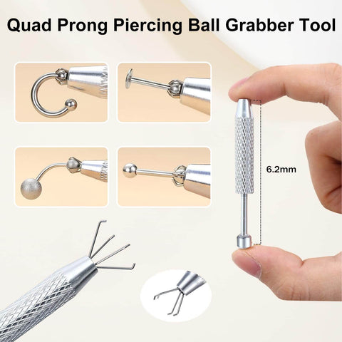 Quad Prong Piercing Ball Grabber Tool with stainless steel finish for jewelry insertion and removal, shown in multiple views.