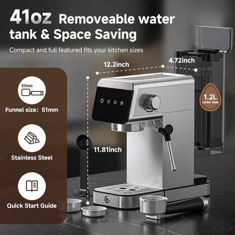 Espresso Coffee Machine With 20 Bar Pressure, LED Touch Screen, Compact Design For Home And Office, 41oz Water Tank