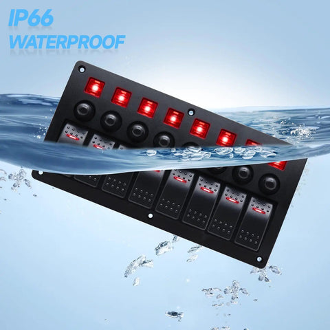 8 Gang Marine Rocker Switch Panel Waterproof 12V Aluminum Body With 5A 10A 15A Circuit Breakers And LED Indicators submerged in water