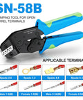 Heavy Duty Ratchet Wire Crimper Tool Hella Tight Grip For Open Barrel Terminal Connectors Compatible With Deutsch Molex Delphi Amp Dupont Tyco Terminals 14 To 24 AWG crimping tool with blue and green grips.