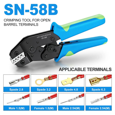 Heavy Duty Ratchet Wire Crimper Tool Hella Tight Grip For Open Barrel Terminal Connectors Compatible With Deutsch Molex Delphi Amp Dupont Tyco Terminals 14 To 24 AWG crimping tool with blue and green grips.