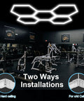 Hexagon Garage Lights 60W 24V Daylight White 6500K Plug And Play LED Kit displayed in gym with installation illustration