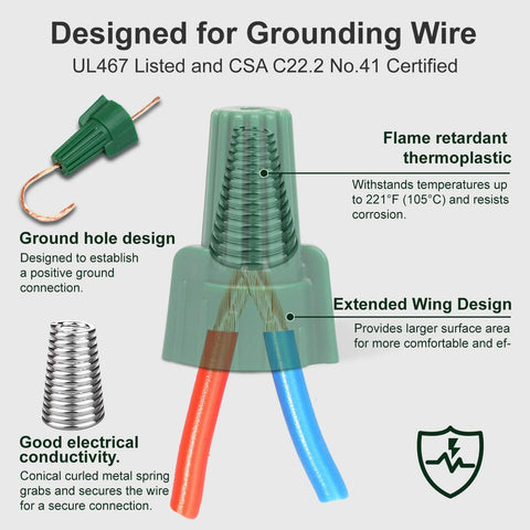 Winged Ground Wire Nuts With Hole For Easy Twist On Green Wire Caps 14-10 AWG Positive Grounding Connectors Pack Of 600
