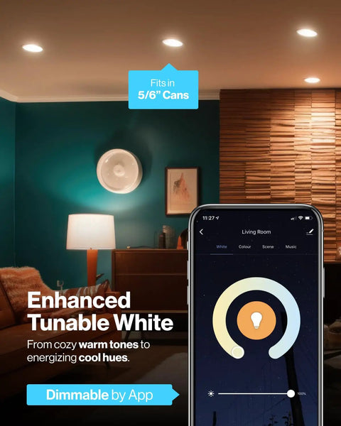 Living room with BR30 Smart Flood Light Bulbs Color Changing RGB And Tunable White RGBCW illustrating dimmable features by app control.