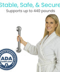 Woman demonstrating Heavy Duty Shower Grab Bar For Bathroom Safety And Seniors Stainless Steel Handrail Non Slip Grip 440 Lb Weight Capacity Brushed Nickel