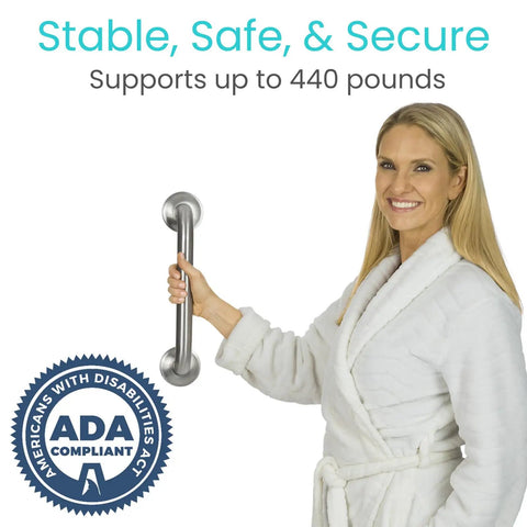 Woman demonstrating Heavy Duty Shower Grab Bar For Bathroom Safety And Seniors Stainless Steel Handrail Non Slip Grip 440 Lb Weight Capacity Brushed Nickel