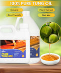Straight Up 100 Percent Pure Tung Oil Wood Finish in 350oz bottles with wood application, showcasing natural water resistant seal.