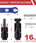 32 Piece MC4 Solar Panel Connectors Set With 16 Male And Female Pairs Plus 2 Wrenches shown with dimensions and details