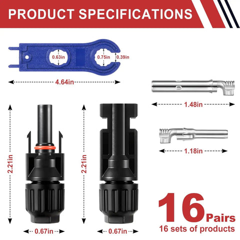 32 Piece MC4 Solar Panel Connectors Set With 16 Male And Female Pairs Plus 2 Wrenches shown with dimensions and details