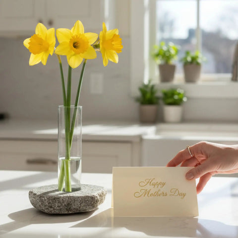 Rock Solid Bloom Bud Vase With Heavy Granite Base And Glass Flower Holder No Tip Stability For Tall Blooms in a kitchen setting.