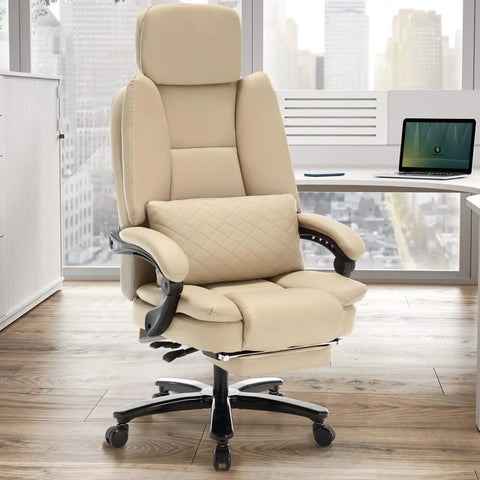 500lbs Capacity Big And Tall Office Chair With Lumbar Support PU Leather Heavy Duty Reclining Chair With Foot Rest Wide Cushions And High Back For Comfort Beige in office setting