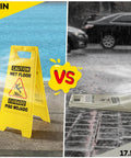 Comparison of 24-inch yellow caution wet floor signs upright vs fallen, Six Pack 24 Inch Yellow Caution Wet Floor Signs Double Sided