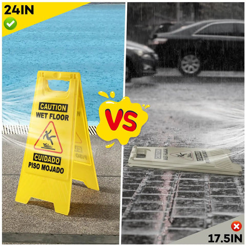 24 Inch Caution Wet Floor Sign 3 Pack Bright Yellow A Frame Double Sided Safety Warning Signs Bilingual For Commercial Use Readable From Across The Hall In Hotels Malls Cafes And Offices in use by pool vs damaged smaller sign on wet ground.