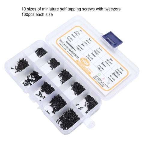 All You Need 1000 Pieces Carbon Steel Cross Pan Head Self Tapping Screws Kit With Tweezers And Transparent Storage Box For Glasses Watches Clocks And Small Toys