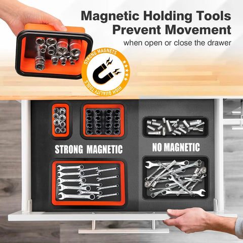 Collapsible Magnetic Parts Tray Set With 3 Foldable Silicone Tool Trays holding metal parts in a drawer