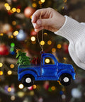 Hand holding Blue Vintage Iron Christmas Truck Ornament For Christmas Tree, Rustic Farmhouse Style Hangable Pendant Decor
