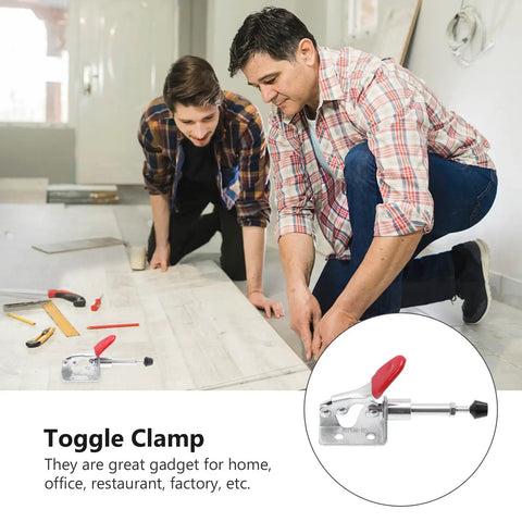 4 Pcs Push Pull Toggle Quick Release Heavy Duty Clamps For Sheet Metal Circuit Boards Workshop Assembly used by two men for precise alignment.