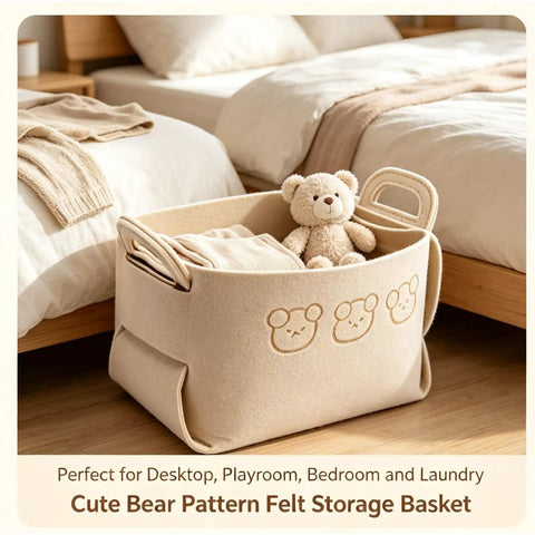 Hardcore Foldable Felt Storage Basket With Dual Handles Slick Collapsible Fabric Bin Organizer For Shelves Closet Laundry Keeps Your Crib Lookin Fresh Hassle Free Game Changer For Toys Nursery Bedroom Office In Brown with teddy bear and blankets.