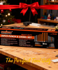 Shop Tested Heavy Hitter Punch And Chisel Set Featuring 28 Kickass Chrome Vanadium Pieces on wooden table with gift ribbon.