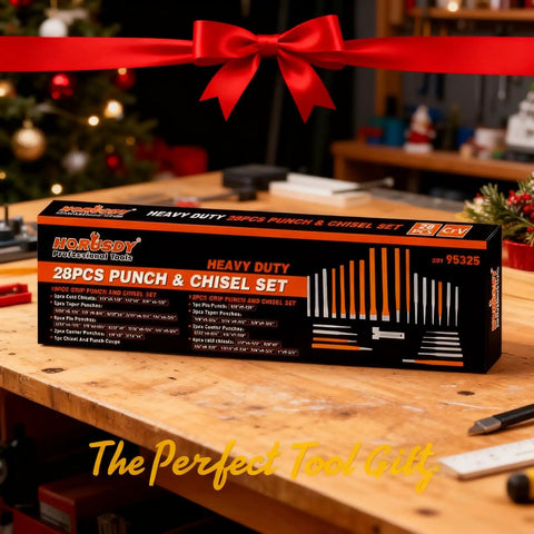 Shop Tested Heavy Hitter Punch And Chisel Set Featuring 28 Kickass Chrome Vanadium Pieces on wooden table with gift ribbon.