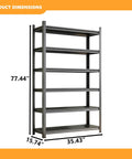 Super Heavy Duty Six Tier Metal Storage Shelves With Height Adjustment Rock Solid Double Layer Upright Design dimensions 77.44" height 35.43" width 15.74" depth.