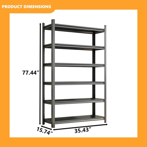 Super Heavy Duty Six Tier Metal Storage Shelves With Height Adjustment Rock Solid Double Layer Upright Design dimensions 77.44" height 35.43" width 15.74" depth.