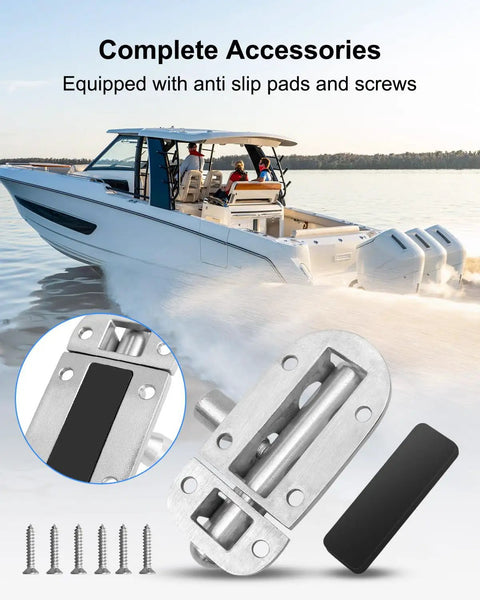 Marine Grade 316 Stainless Steel Heavy Duty Slide Barrel Bolt Locker Latch Built Tough For Boat Hatch Yacht Window RV Cabinet Storage Locker Door Lock Two And Three Eighths Inch with anti-slip pads and screws shown with a boat in the background.