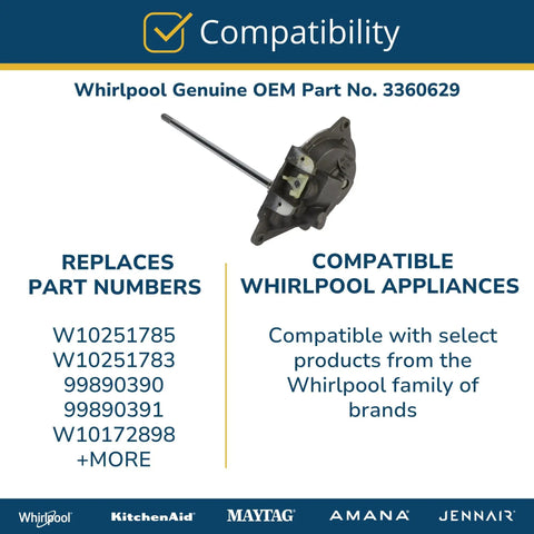 Washer Neutral Drain Transmission Replacement 3360629 OEM Part Replaces 63320 And W1017289 image with compatibility details.