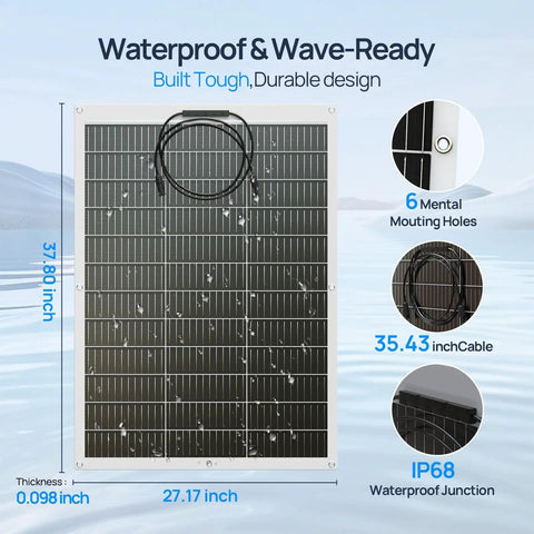 2x130W Flexible Golf Cart Solar Panels With MPPT Boost Controller, 260W Total, Waterproof design with mounting details