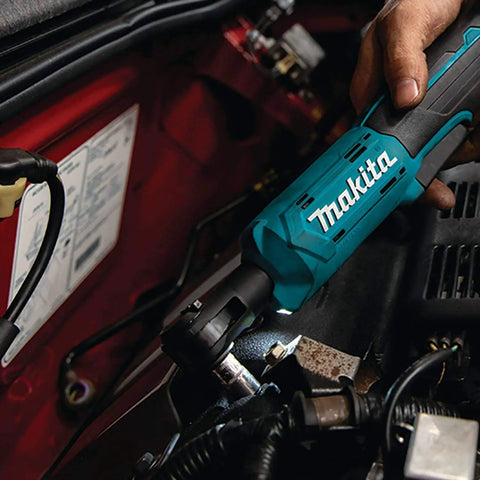 Hand using 18V Cordless Ratchet With 3/8 In And 1/4 In Square Drives, 35 Ft-Lbs Max Torque, Variable Speed 0-800 RPM, Electric Brake, Tool Only.