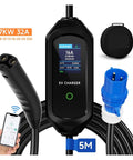 Rock Solid Portable 7Kw Electric Vehicle Charger Featuring Dual Plug Evse Cord for Tesla and Modern Ev Cars, 5M length, display and connectors visible.