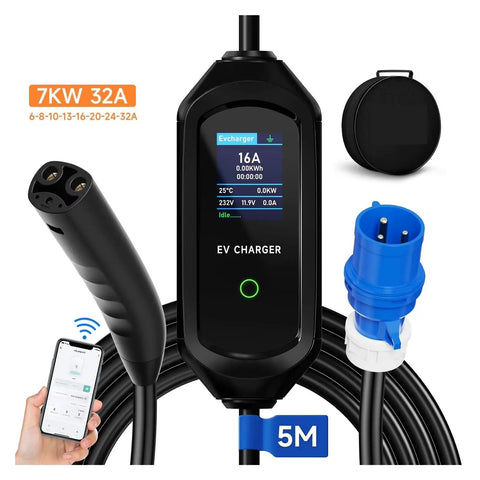 Rock Solid Portable 7Kw Electric Vehicle Charger Featuring Dual Plug Evse Cord for Tesla and Modern Ev Cars, 5M length, display and connectors visible.