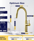 Diagram showing dimensions of TOYWIA Kitchen Faucets with Pull Down Sprayer, High Arc Single Handle Classic Stainless Steel Sink Faucet 1 or 3 Hole, Suitable for Farmhouse Camper Laundry Rv Bar, Gold.