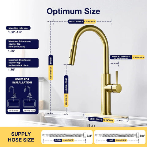 Diagram showing dimensions of TOYWIA Kitchen Faucets with Pull Down Sprayer, High Arc Single Handle Classic Stainless Steel Sink Faucet 1 or 3 Hole, Suitable for Farmhouse Camper Laundry Rv Bar, Gold.