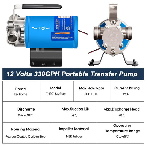 12V Portable Electric Water Transfer Pump with On Off Switch and Suction Hose Kit, blue pump, 330 GPH, technical specifications.