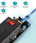 Close-up of 2 Pack Surge Protector Power Strip circuit with USB ports, showcasing 750°C fire-retardant material and heavy-duty design.