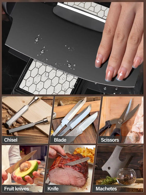 Diamond Sharpening Stone Set With Honing Guide and Angle Guide, non-slip base, double-sided 400 1000 grit diamond plate shown in use.