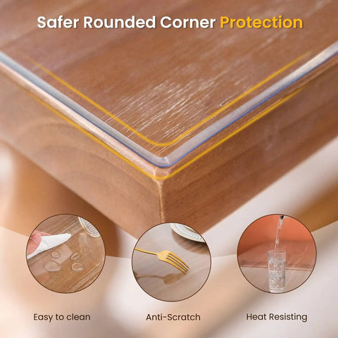 Clear Table Protector Mat 14 By 24 Inches, 1.5mm thick heavy duty desk cover installed on wooden table, showcasing corner protection