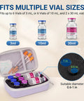 Purple Peptide Case For Fridge And Travel With EVA Vial Organizer For Insulin GLP1 And BAC Water Holds 2x30ml And 6x10ml Diabetic Storage Case Includes 6 Silicone Caps open with vials and syringes