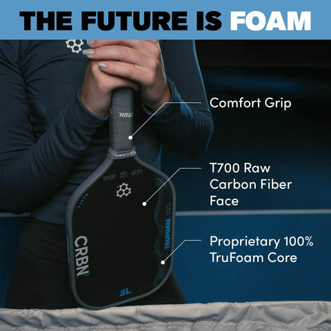 TruFoam Waves Paddle With Elongated Handle, Carbon Fiber Pickleball Paddle, showing TruFoam core and comfort grip features.