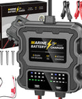 Two Bank Marine Battery Charger 12V 10A Waterproof Onboard Boat Charger with Auto Switch shown with accessories and packaging