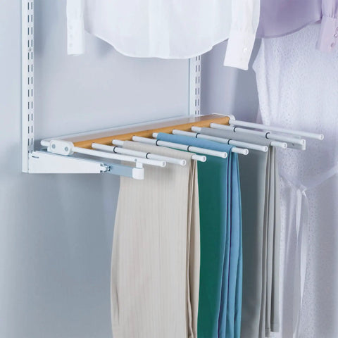 Expandable 26 Inch Shelf Kit Two Shelves White With Durable Epoxy Finish displays hanging clothes for easy organization