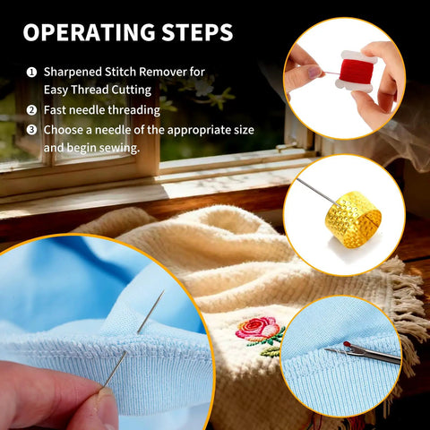 41 Piece Big Eye Stainless Steel Hand Sewing Needle Kit With Two Needle Threaders, 25 Big Eye Needles, 10 Assorted Color Threads, Seam Ripper, Thimbles And Storage Box For Easy Threading, Hand Quilting, Denim Repair, And Beginner Friendly Projects instructions and tools