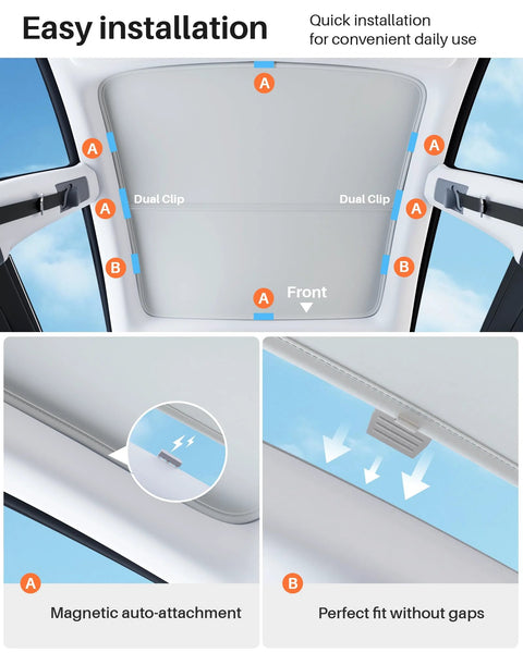 Tesla Model Y magnetic sunshade, blue 2-piece set with nano-ceramic film, installed view