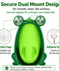 Cute Green Frog Potty Urinal For Toddlers Featuring Playful Aiming Target, showing dual mount design with suction cups and hook.